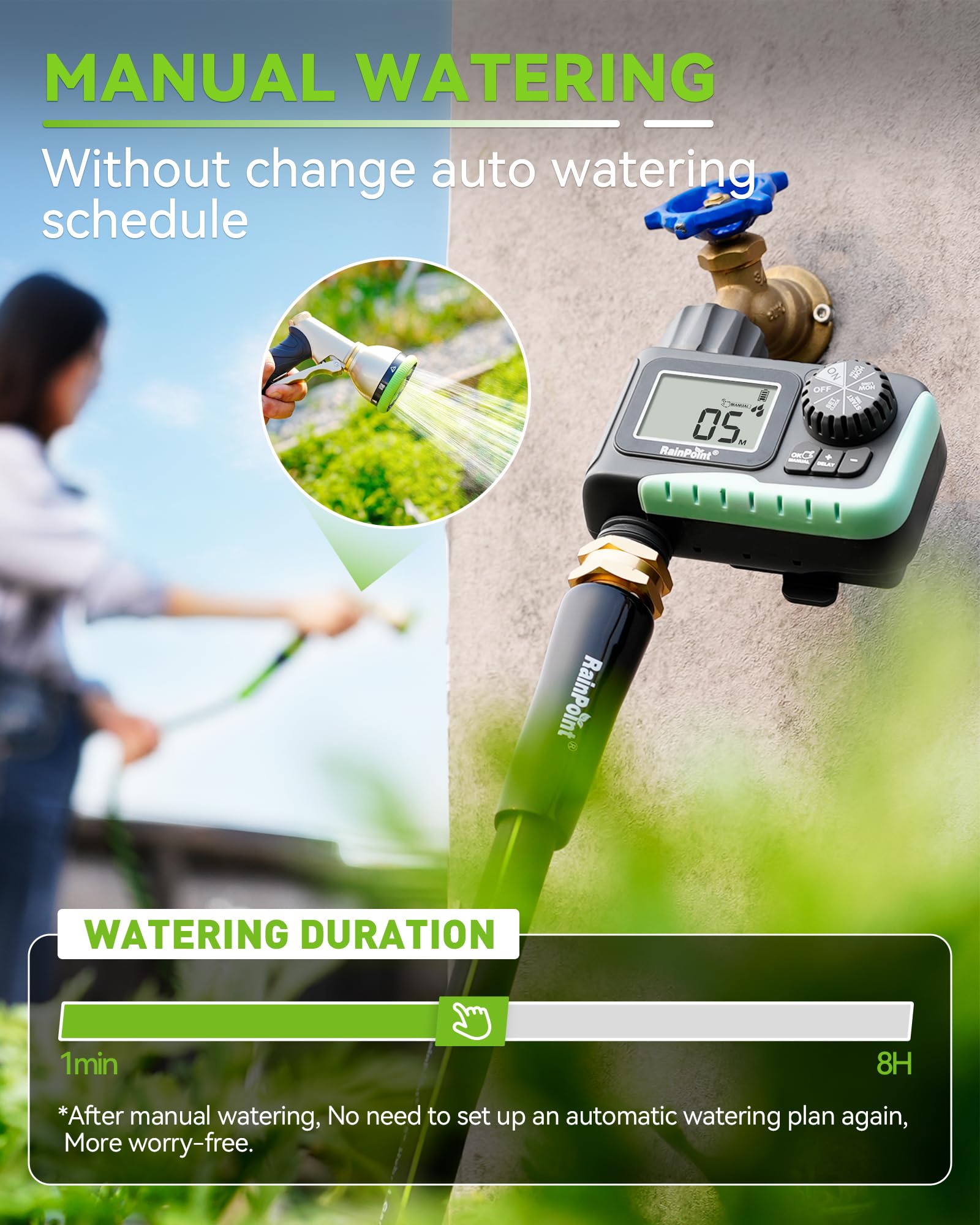 RAINPOINT attached to outdoor faucet controlling garden hose, convenience benefit