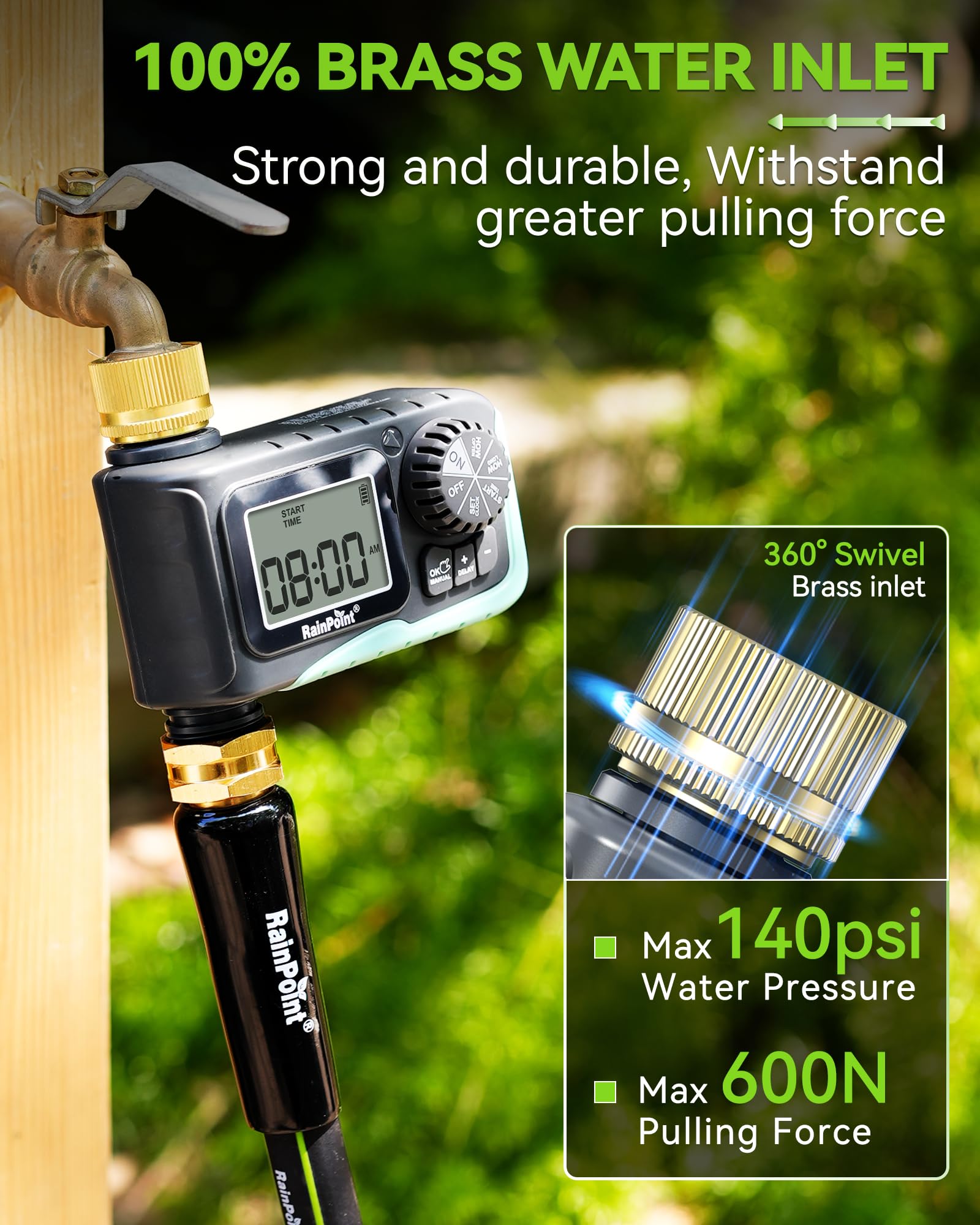 RAINPOINT hose attached in garden demonstrating easy use and reliable flow