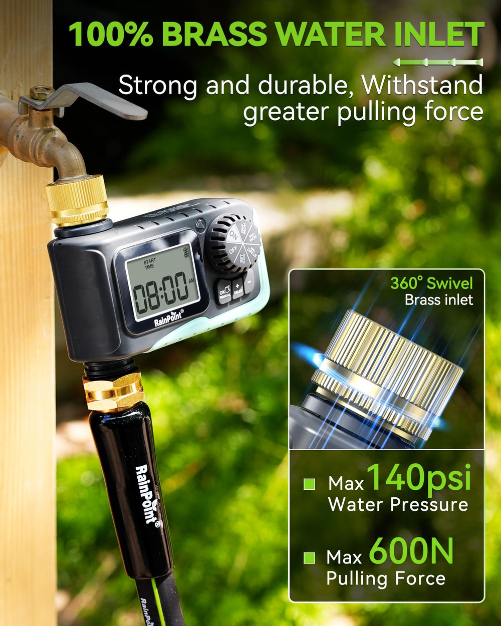 RAINPOINT hose attached in garden demonstrating easy use and reliable flow