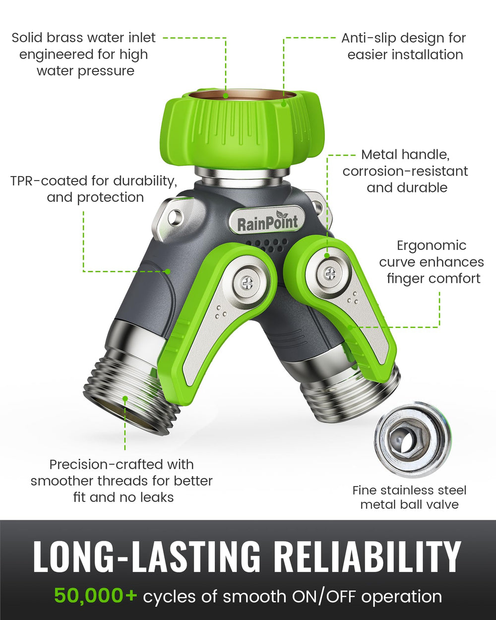 RAINPOINT in use with two hoses connected for multitasking watering benefits