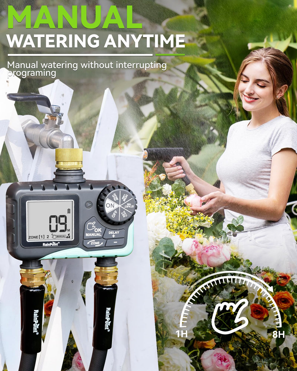 RAINPOINT installed on a garden spigot demonstrating ready-to-use setup