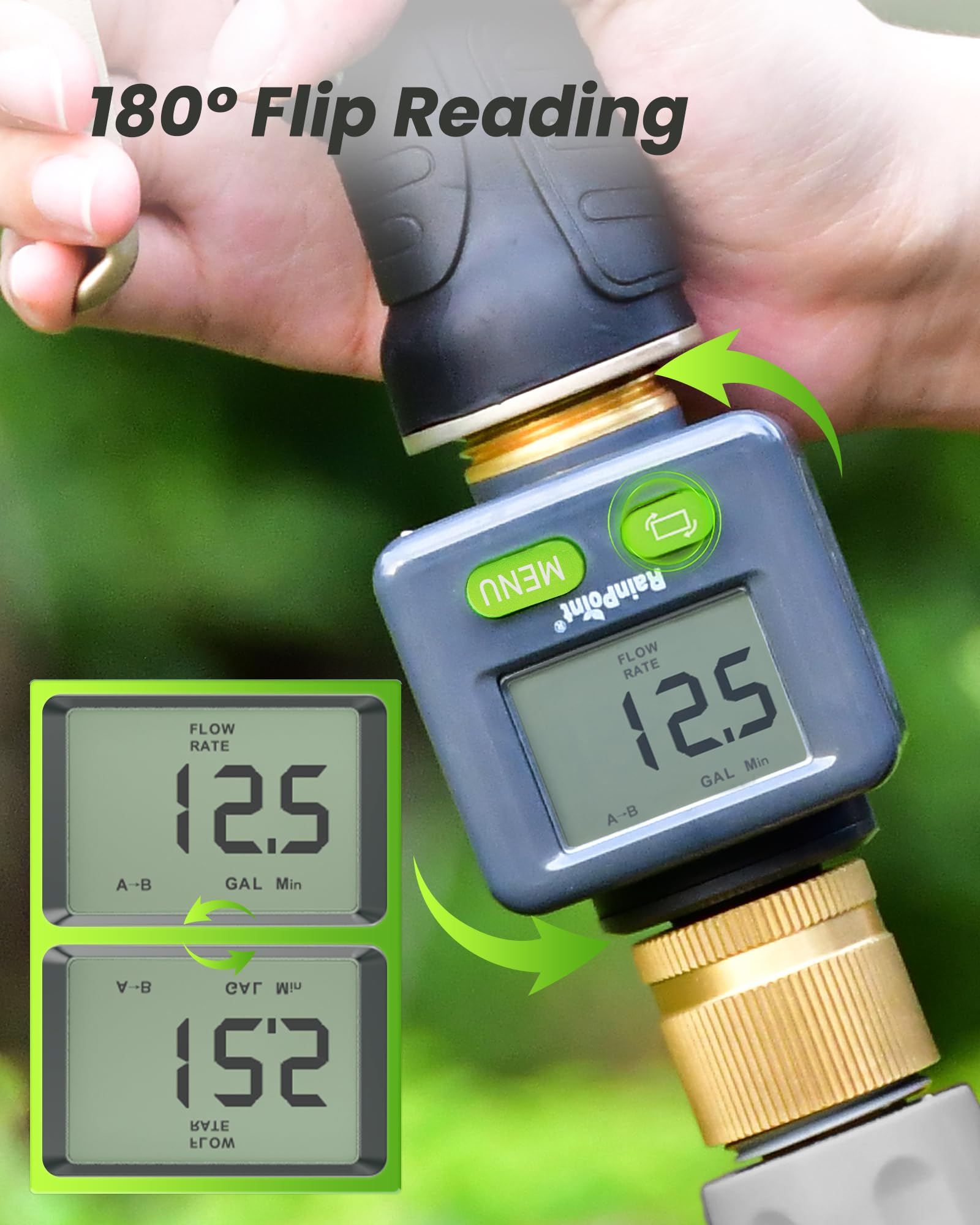 RAINPOINT mounted on RV fill hose demonstrating accurate tank filling measurement
