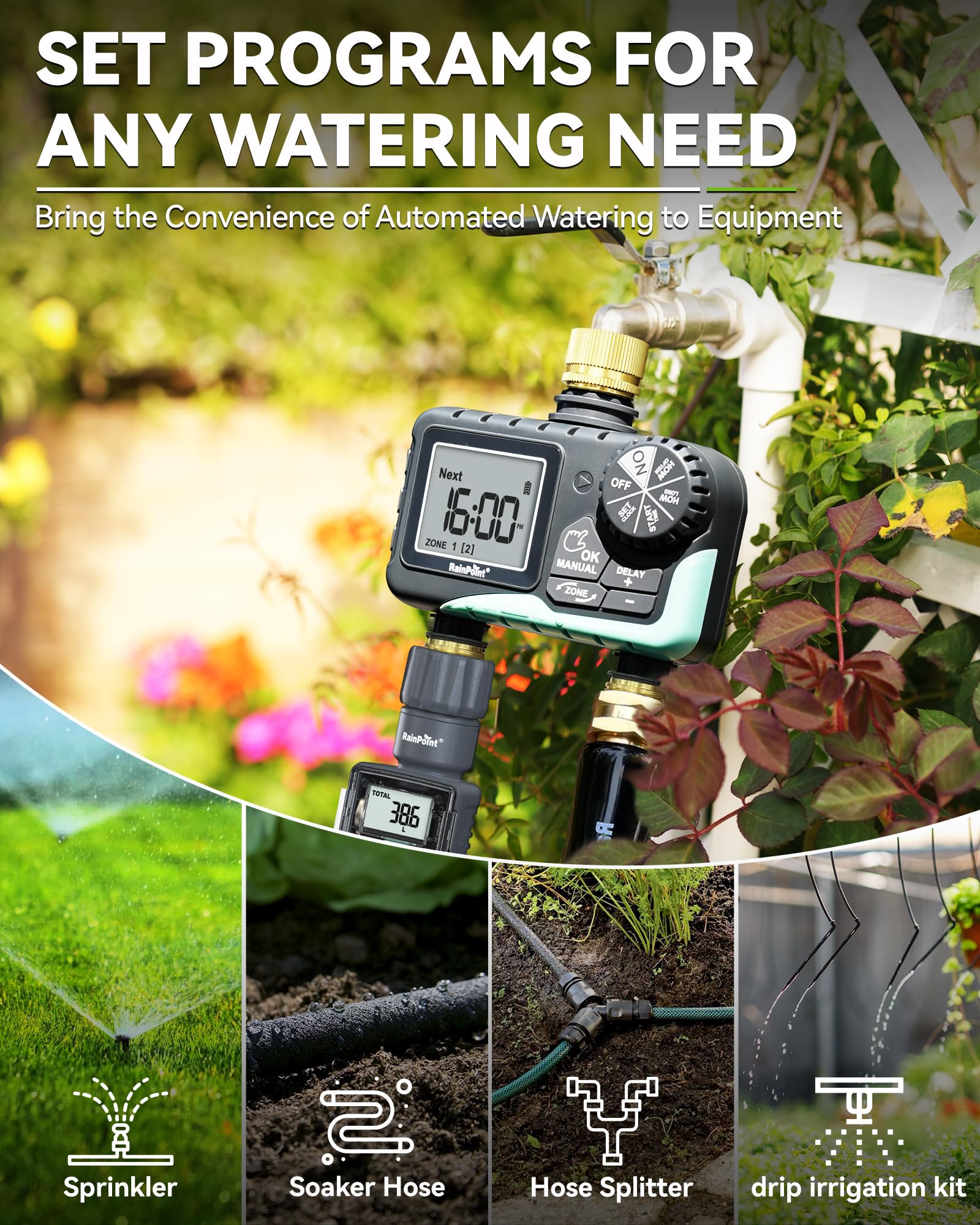 RAINPOINT sprinkler timer in a garden showing automated irrigation benefit