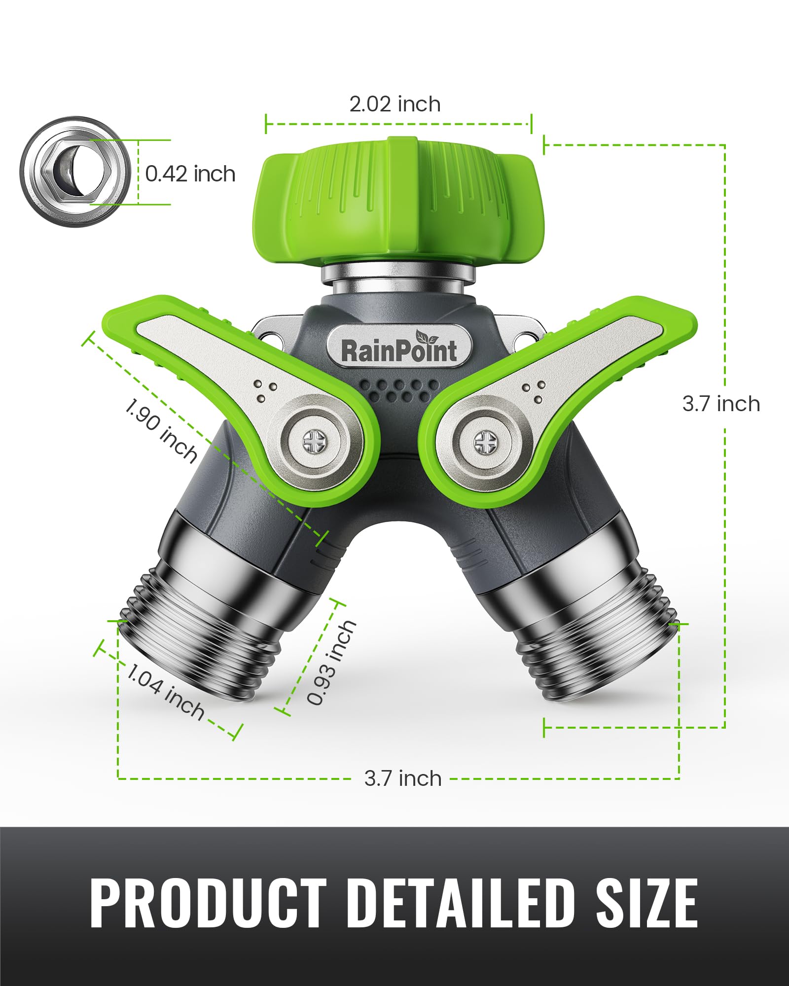 RAINPOINT size comparison in hand illustrating compact heavy-duty scale