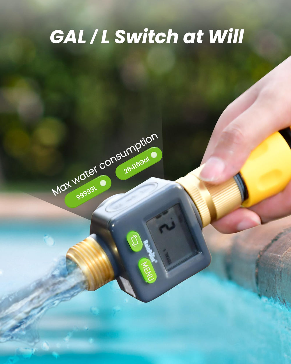 RAINPOINT next to hose connector for scale, showing compact, portable advantage