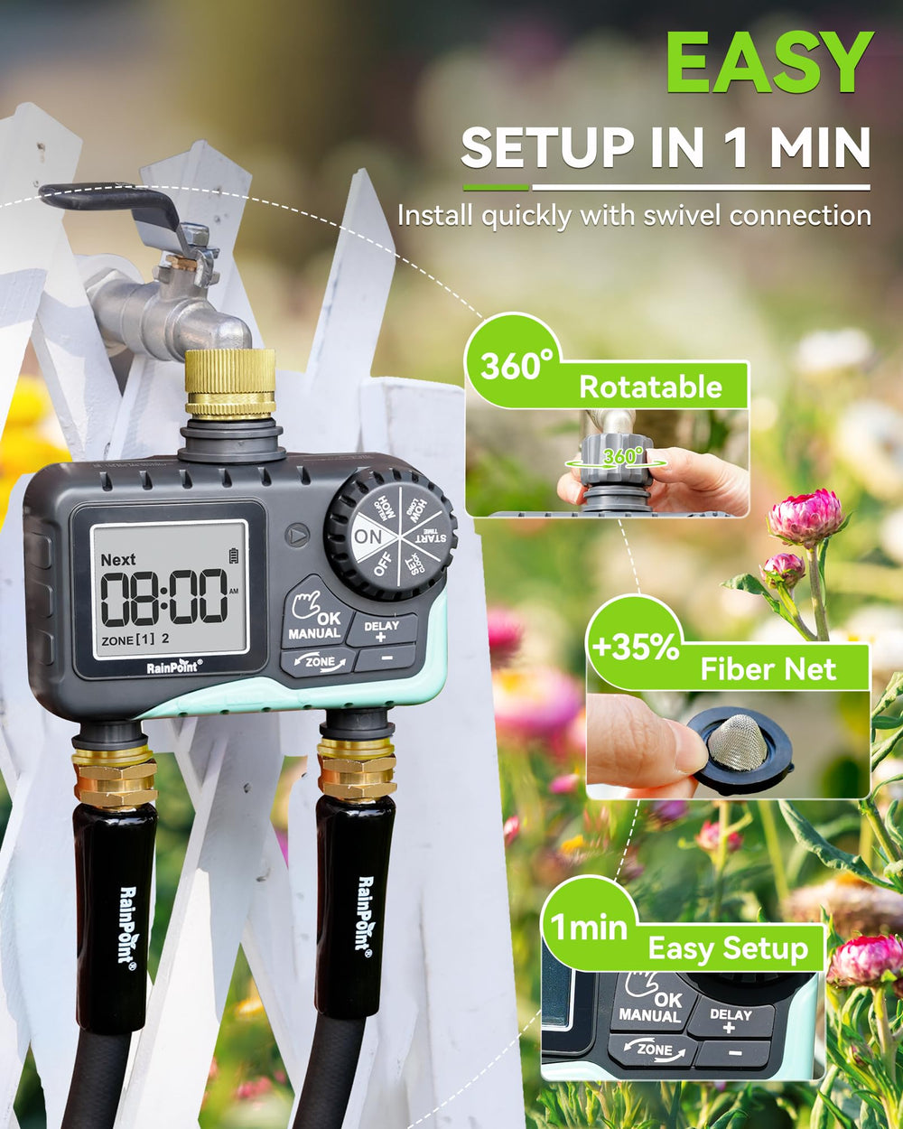 RAINPOINT next to standard hose for size comparison and scale