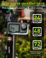 RAINPOINT watering a soaker hose in a raised bed, consistent moisture benefit