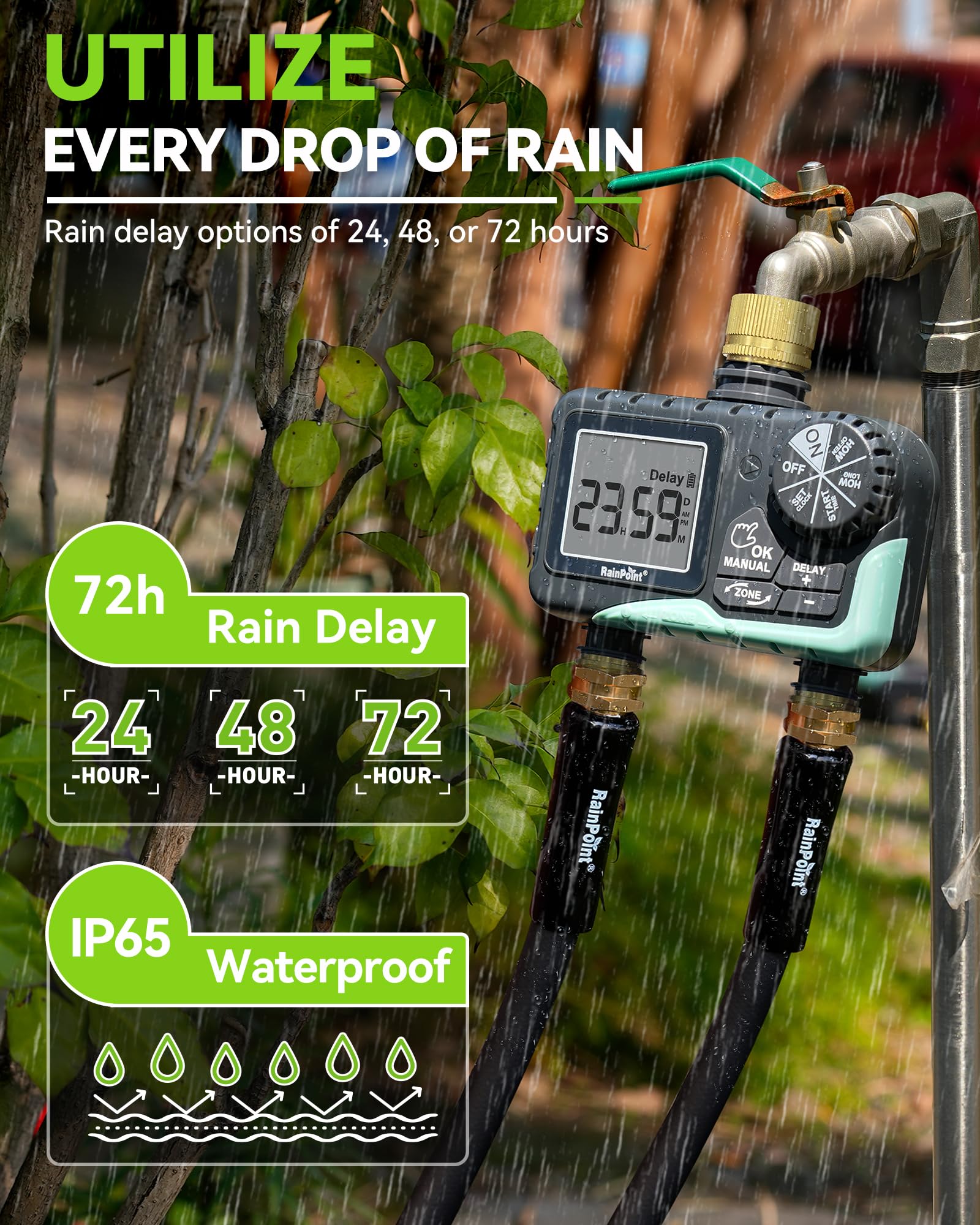 RAINPOINT two hose connections attached showing simultaneous zone watering
