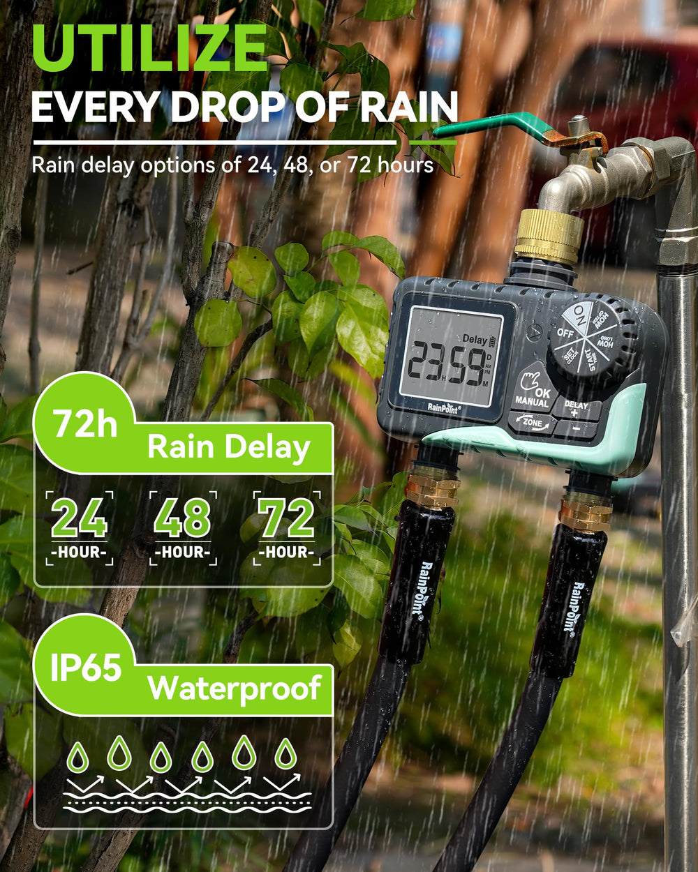 RAINPOINT two hose connections attached showing simultaneous zone watering