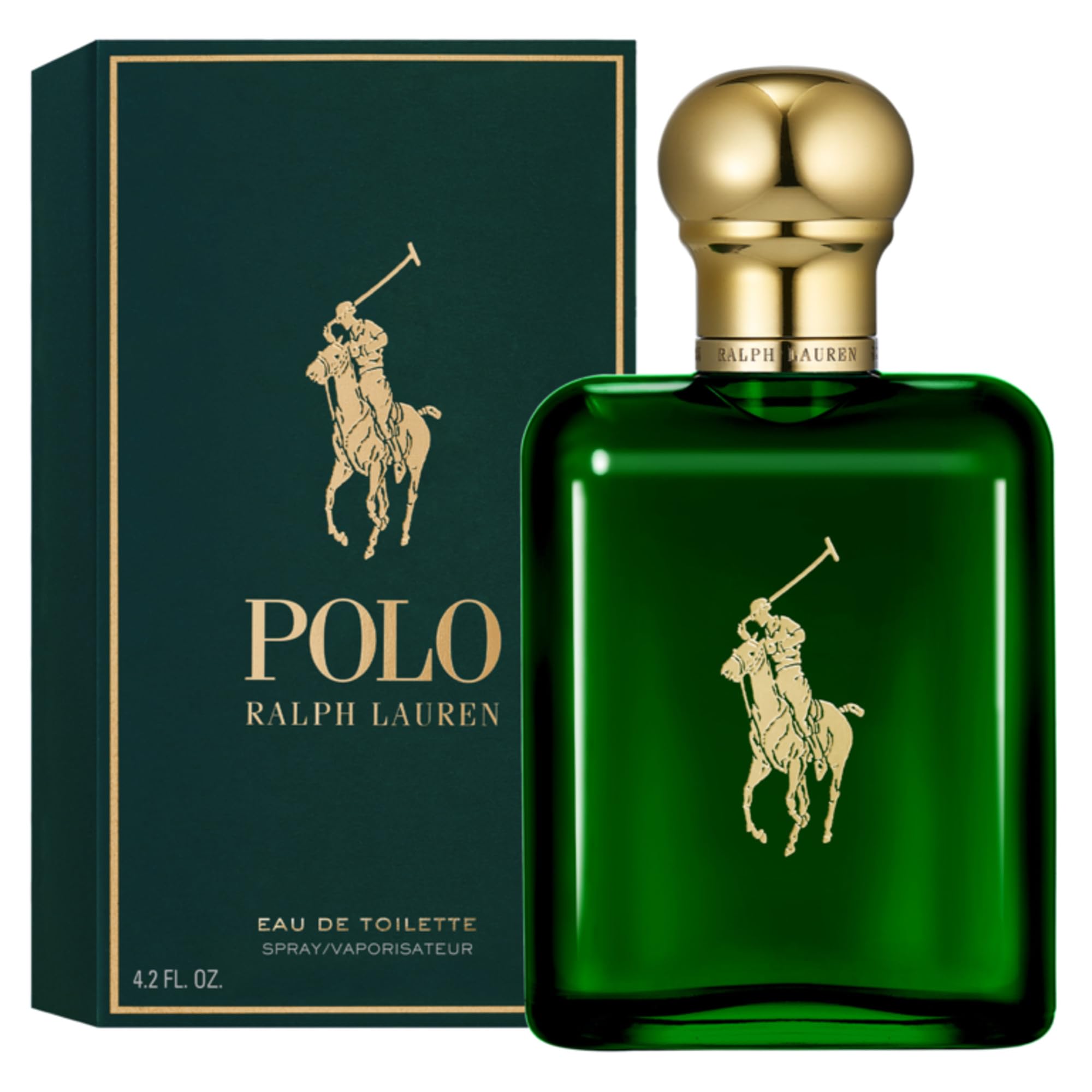 Ralph Lauren Polo bottle front view showing deep green glass and clean silhouette for classic style