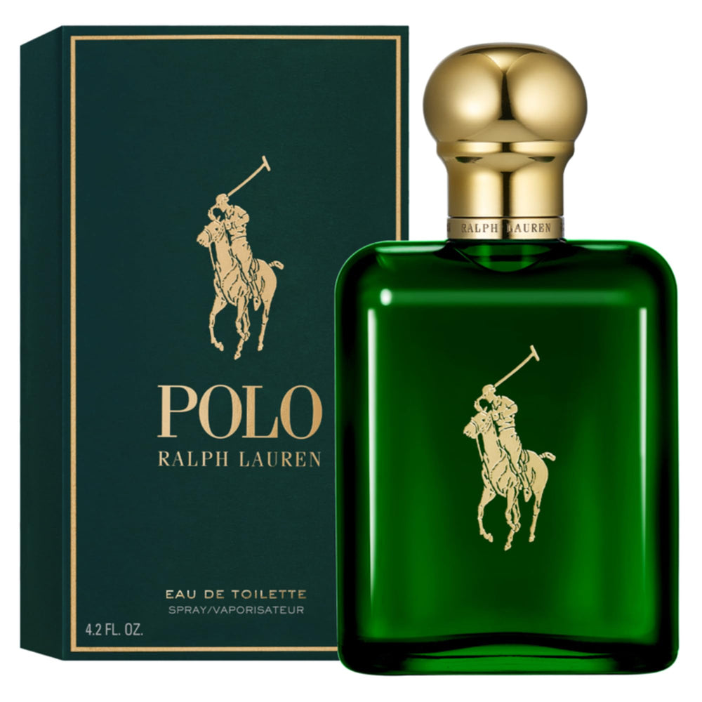 Ralph Lauren Polo bottle front view showing deep green glass and clean silhouette for classic style