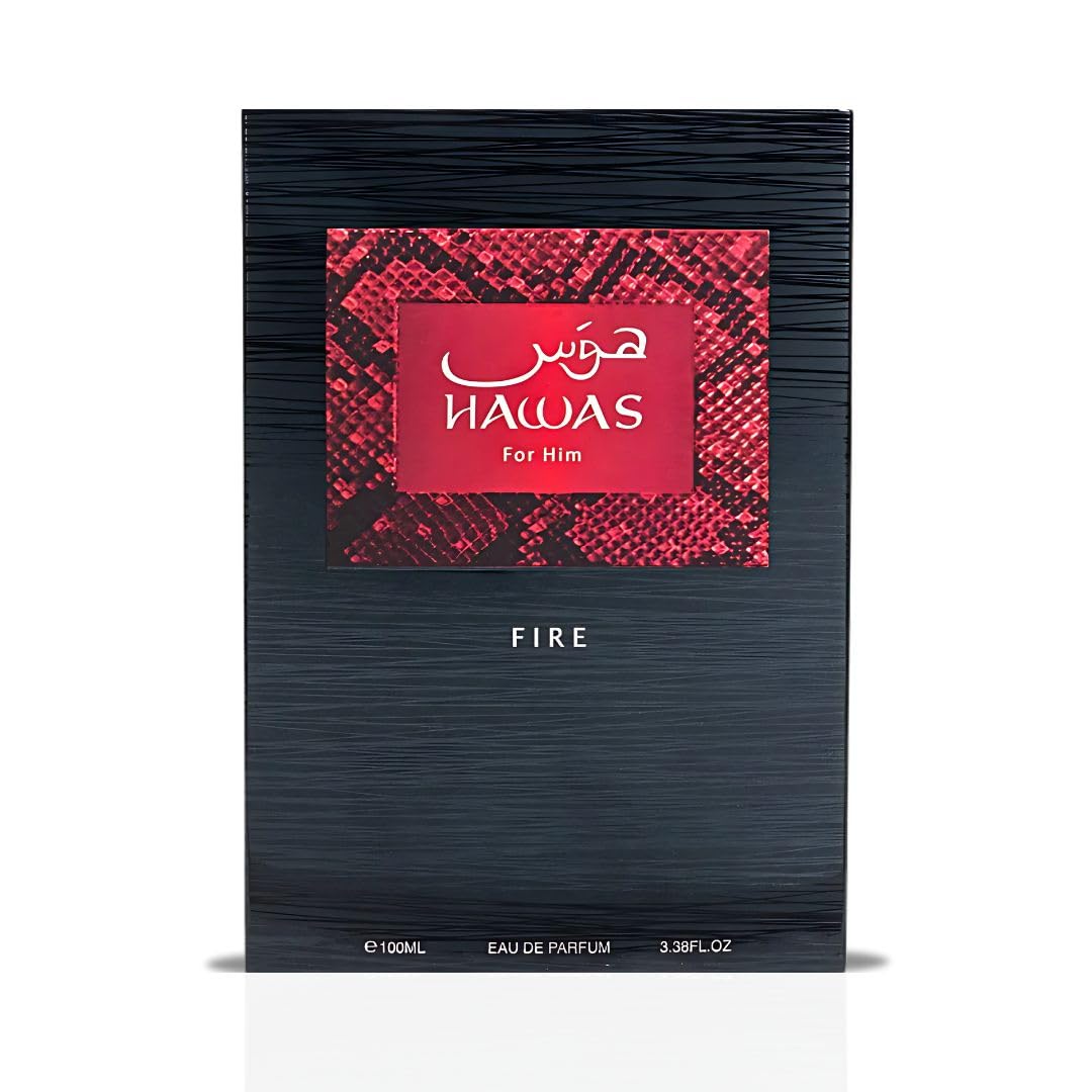 RASASI Hawas Fire bottle with amber stones emphasizing warm amber base and richness