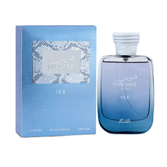 RASASI Hawas Ice front bottle showing sleek 100ml design and fresh appeal