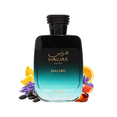 RASASI Hawas Malibu spray close-up highlighting atomizer and easy application benefit
