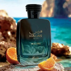 RASASI Hawas Malibu lifestyle on dresser suggesting everyday wear and bright freshness