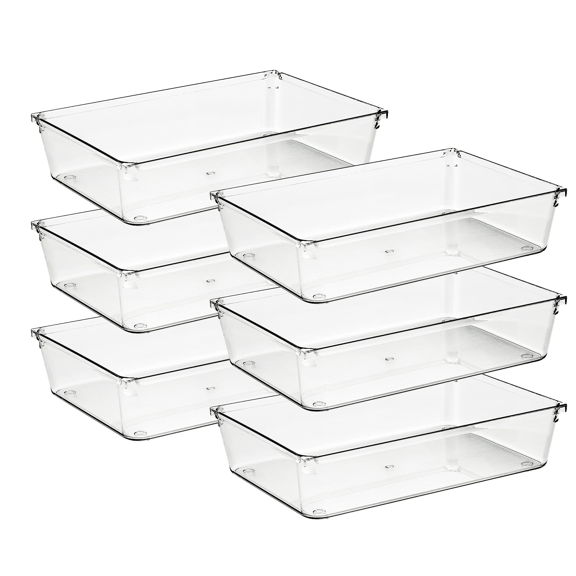 Ravinte clear bins front view showing six-piece set and tidy storage benefit