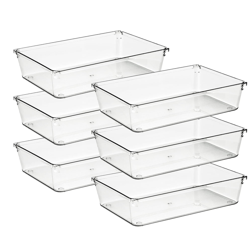 Ravinte clear bins front view showing six-piece set and tidy storage benefit