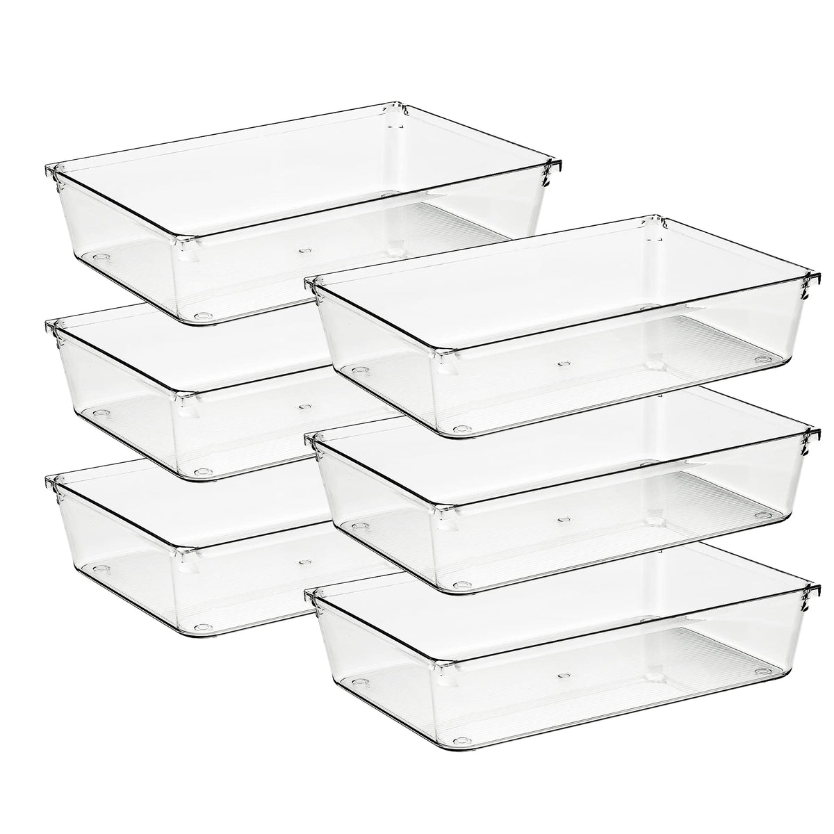 Ravinte clear bins front view showing six-piece set and tidy storage benefit