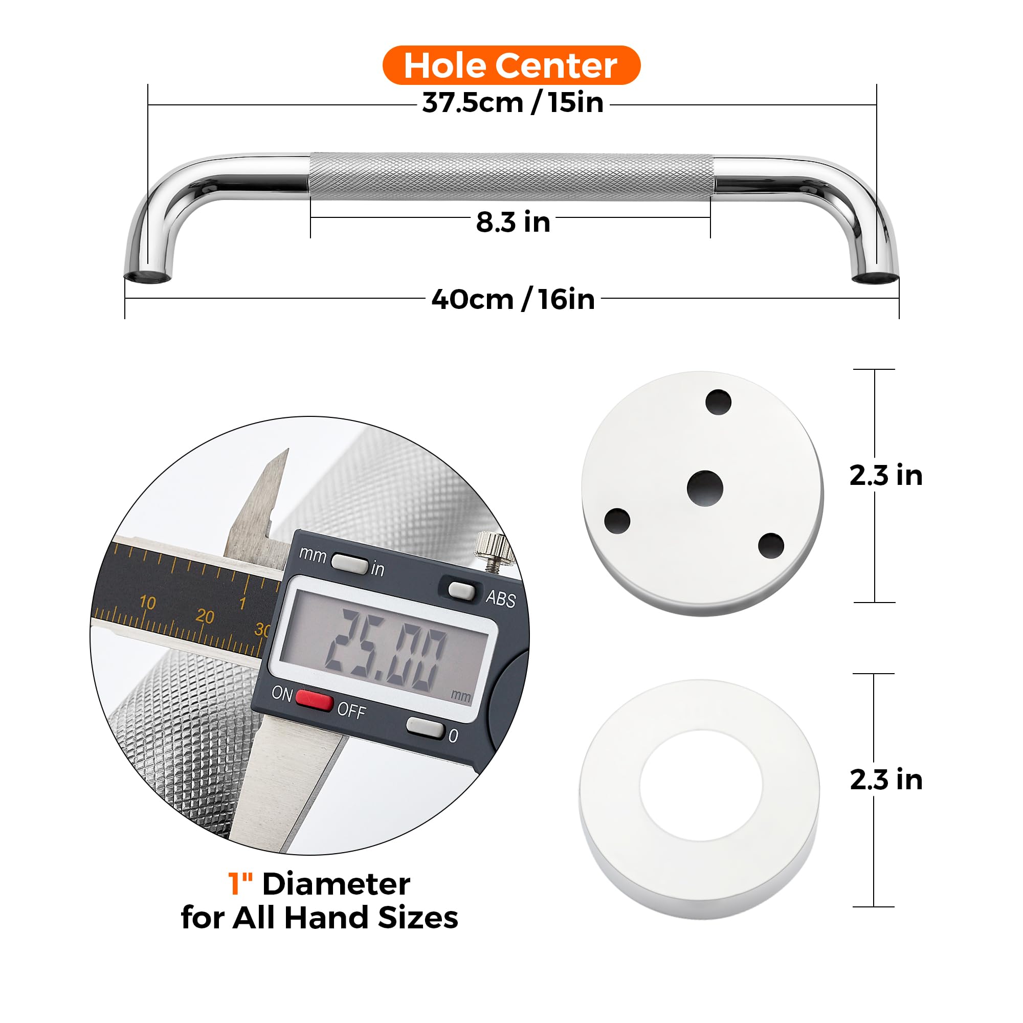 Ravinte Hardware grab bar beside ruler size comparison showing the 16-inch length