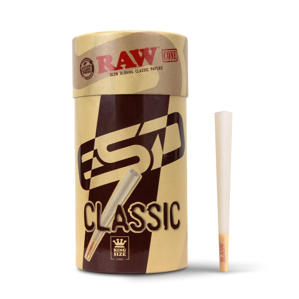 RAW cones classic king size front packaging showing 100-count convenience