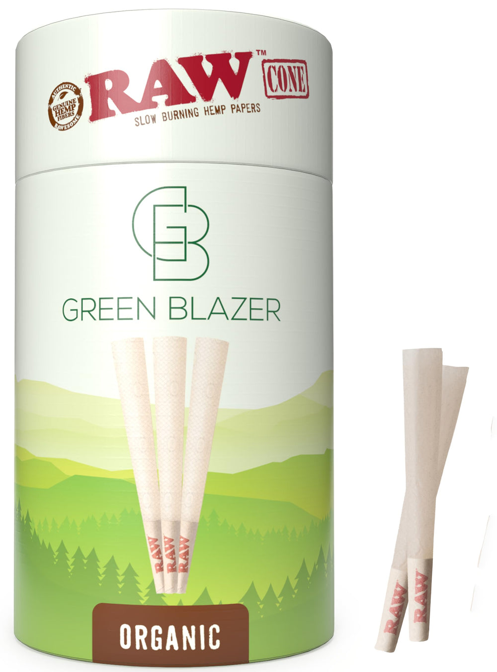 RAW front packaging showing 150 organic pre-rolled cones and clear labeling benefit quick access