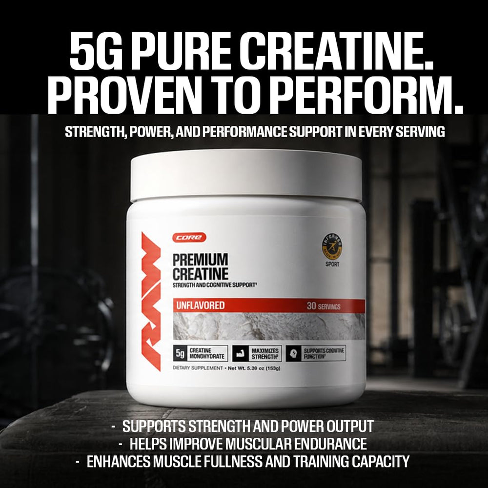 RAW open tub revealing white creatine powder for easy mixing benefit