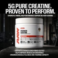 RAW open tub revealing white creatine powder for easy mixing benefit