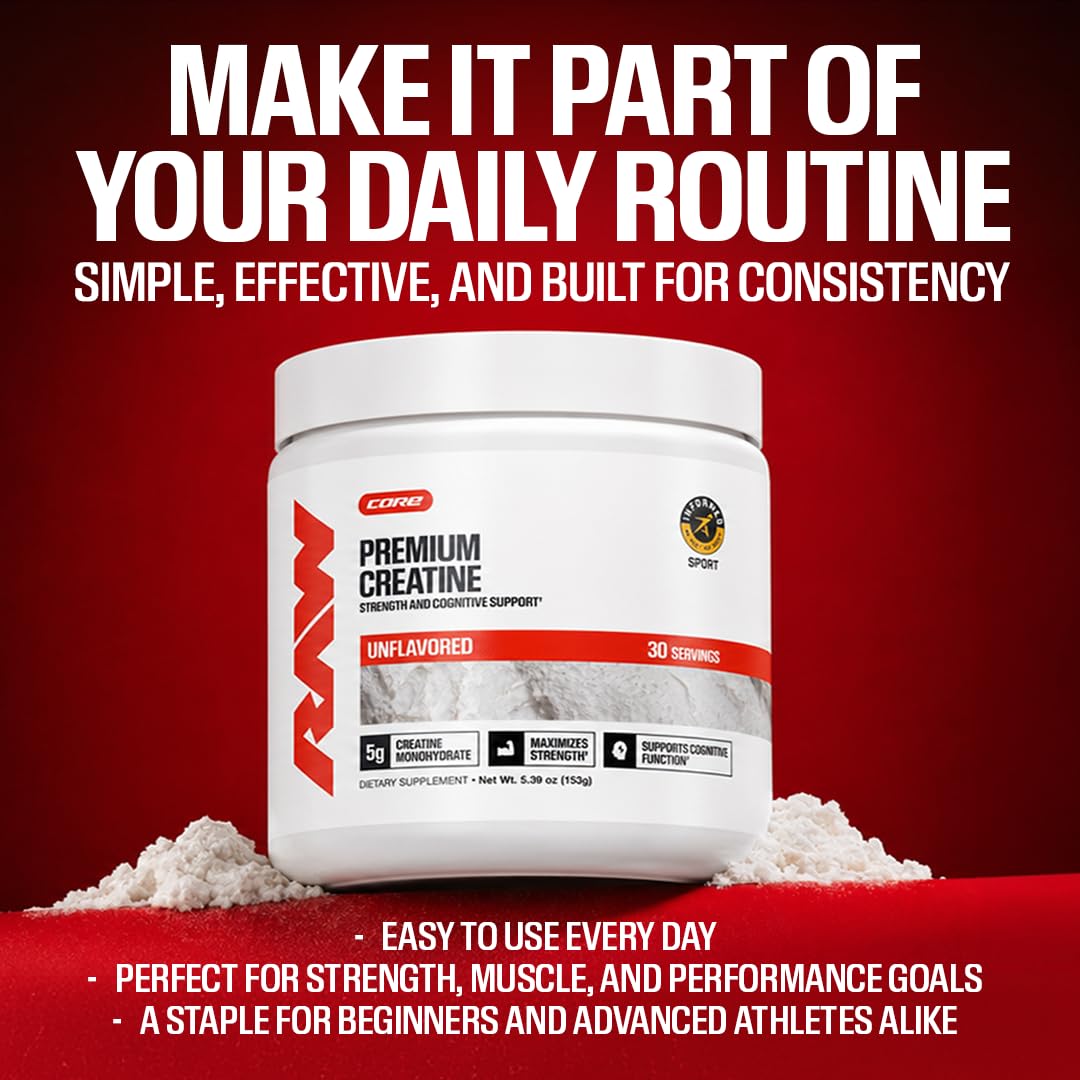 RAW tub beside measuring scale showing 100-serving quantity benefit