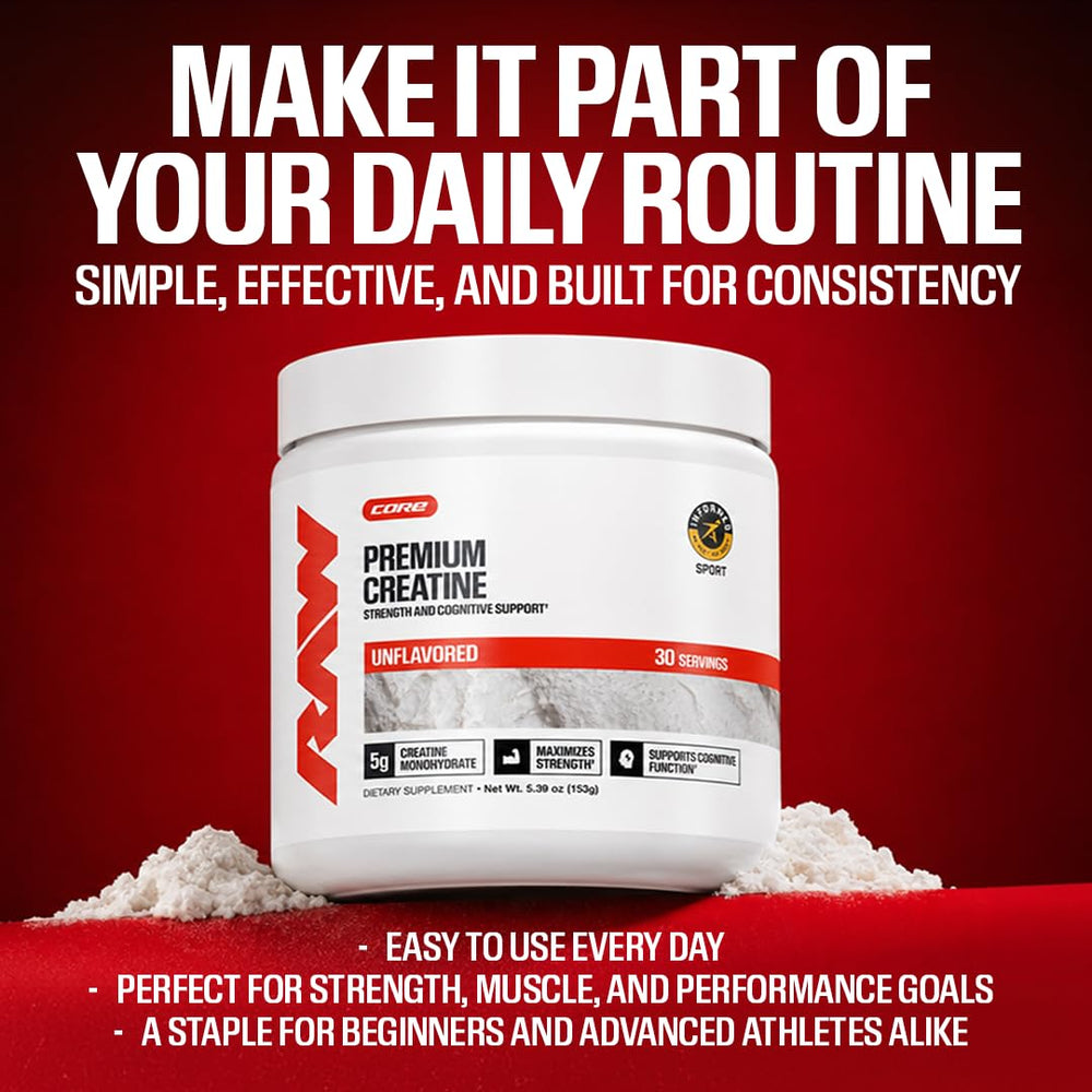 RAW tub beside measuring scale showing 100-serving quantity benefit