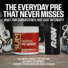 RAW open tub with scoop reveals powder texture and convenient single‑serve dosing benefit