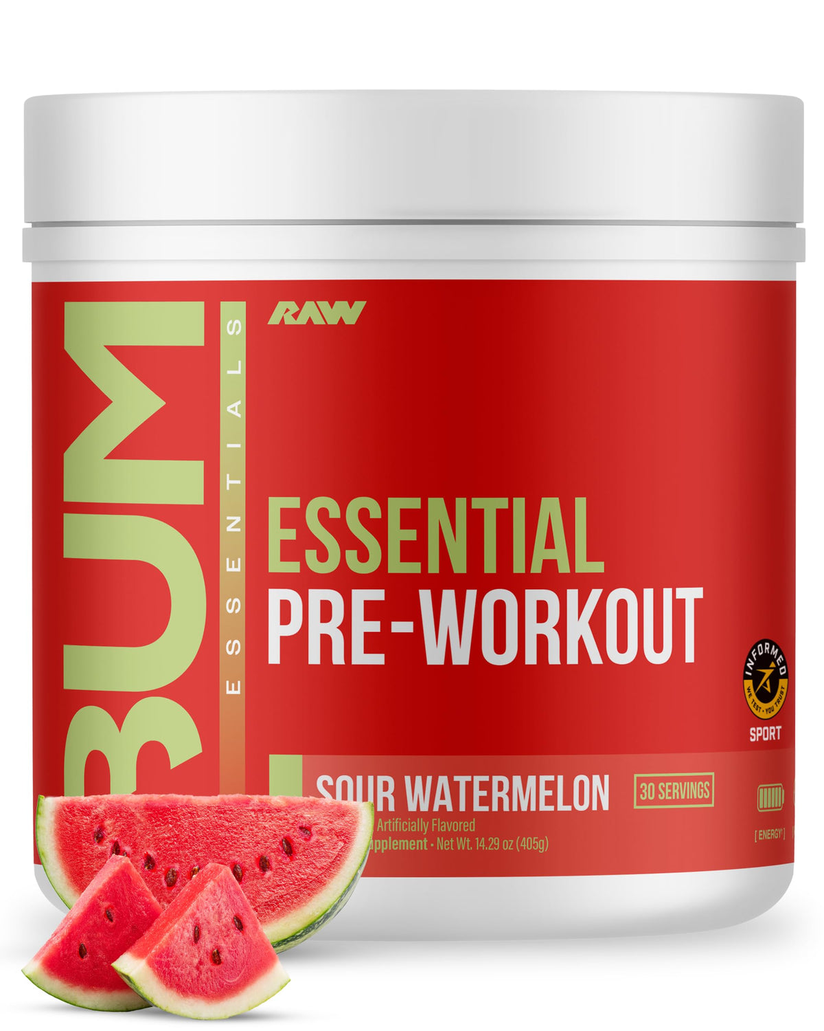RAW pre-workout front packaging shows bold label and flavor benefit