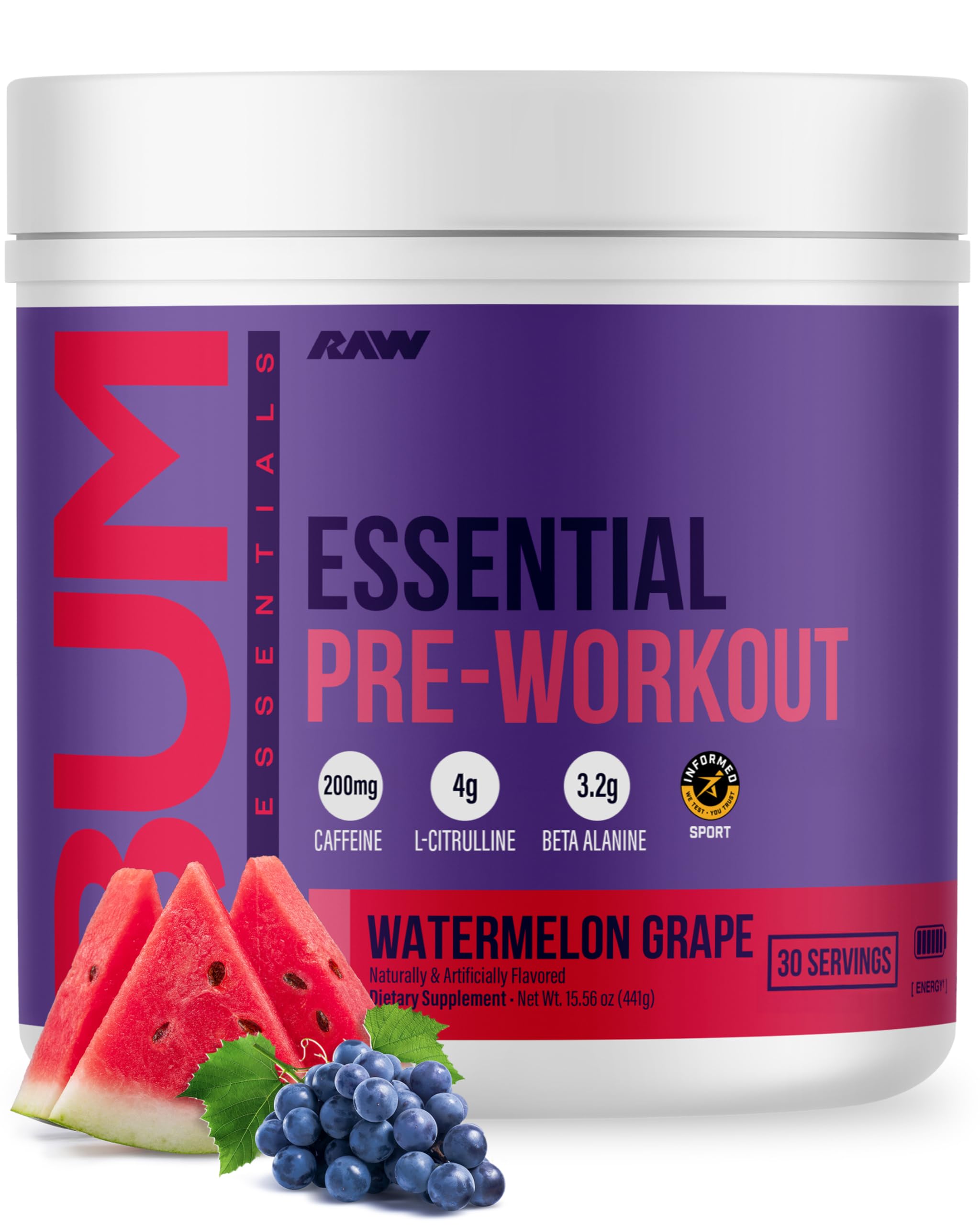 RAW preworkout front tub showing label and flavor benefits