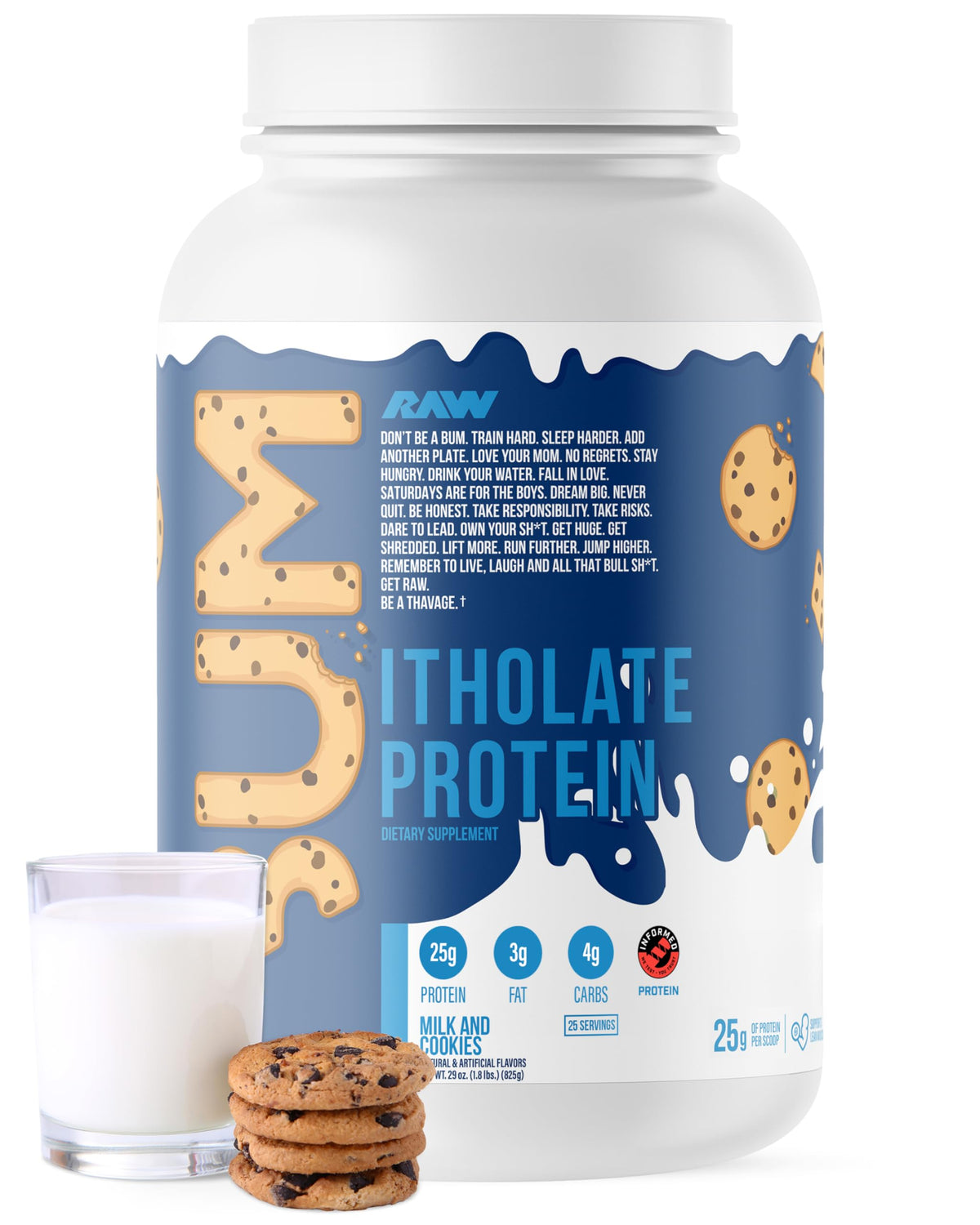 RAW Itholate front package showing the milk & cookie flavor and brand clarity