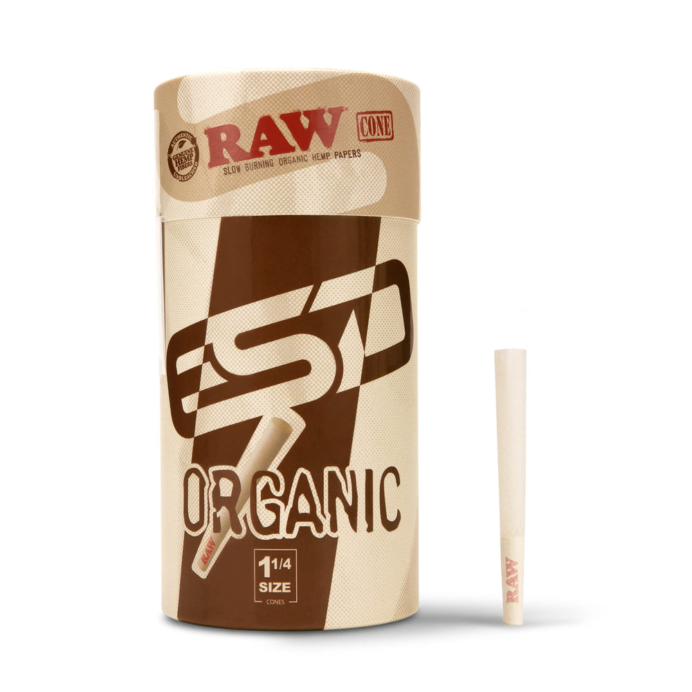 RAW front packaging showing 100 organic 1-1/4 cones and included tubes for convenience