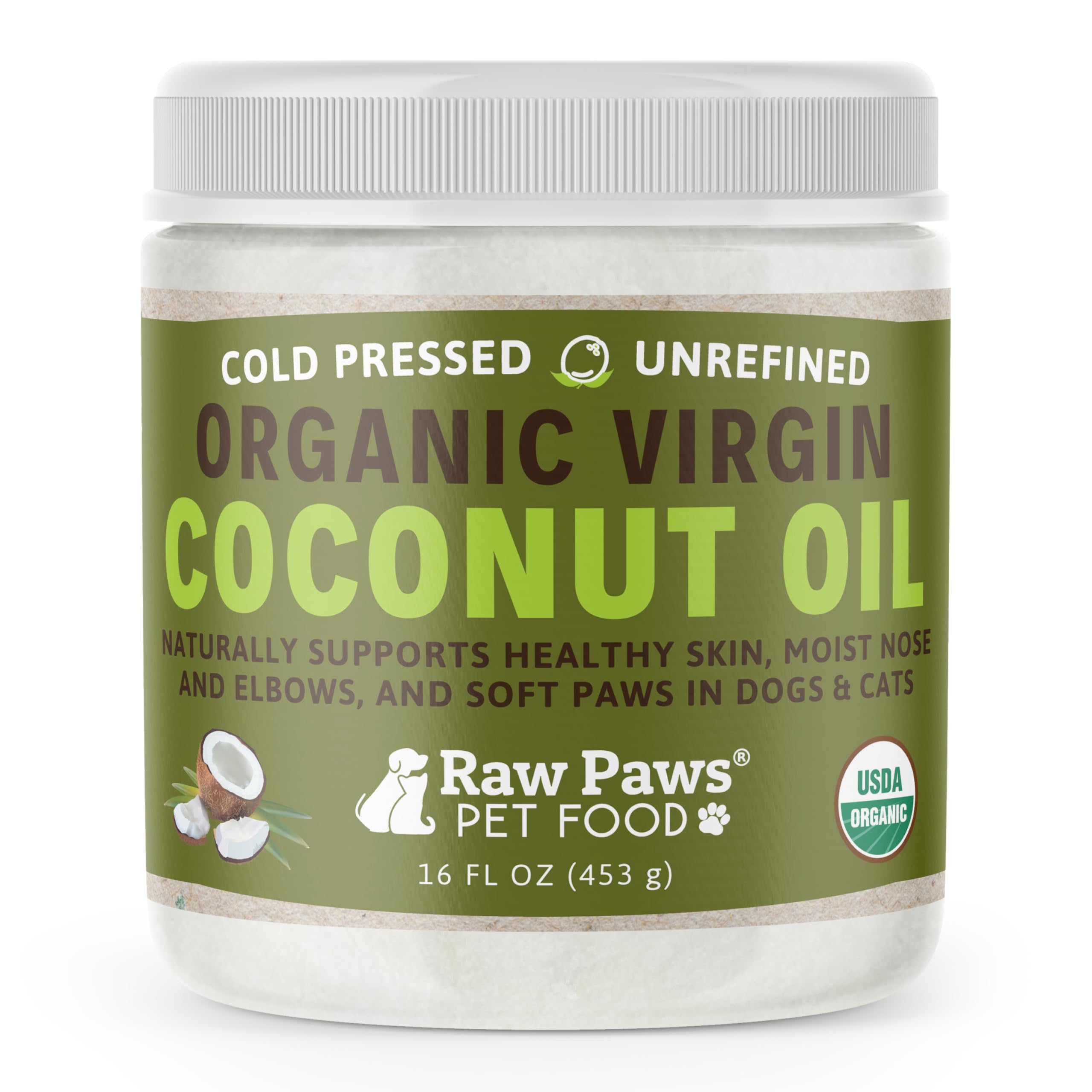 Raw Paws jar front view showing label and organic coconut oil benefits