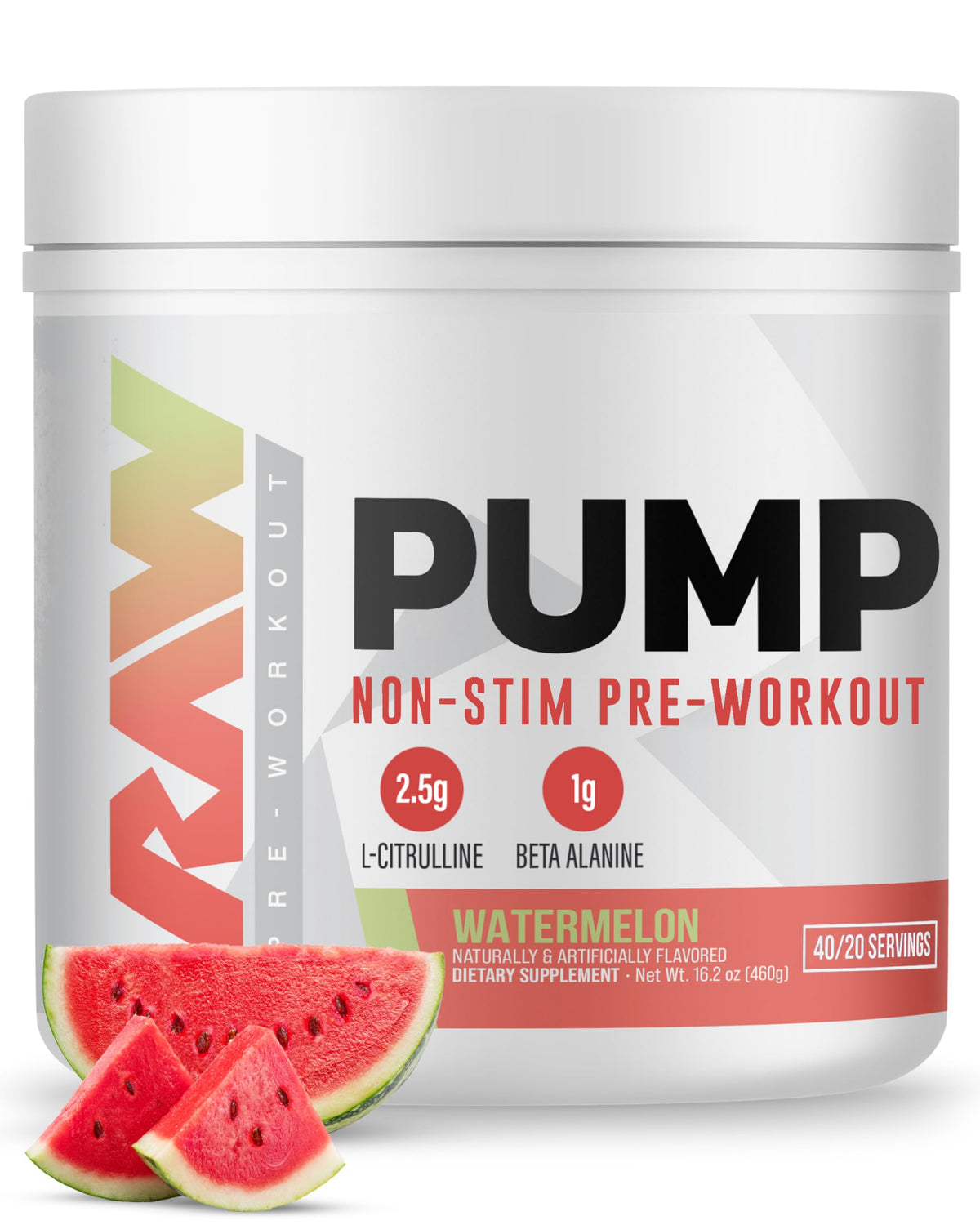 RAW pump front packaging showing watermelon flavor and 40 servings benefit