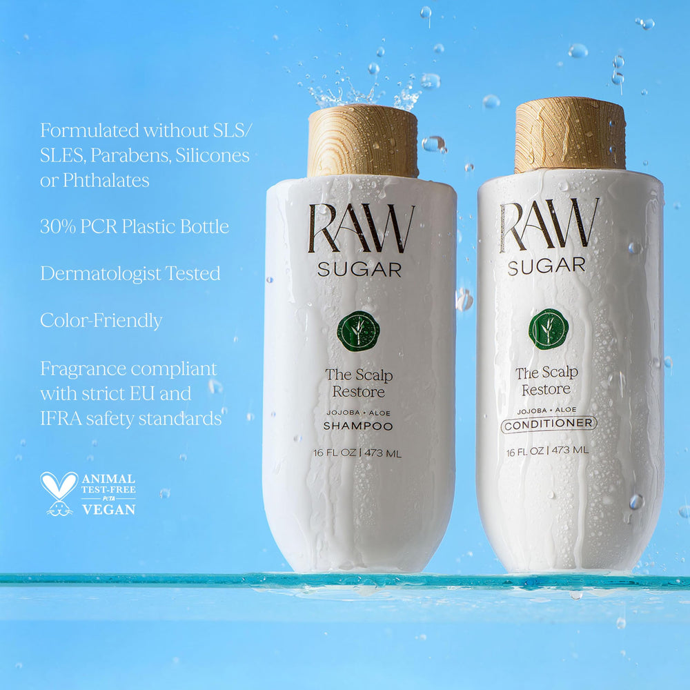 RAW SUGAR bottles held in hands to show 16 fl oz scale