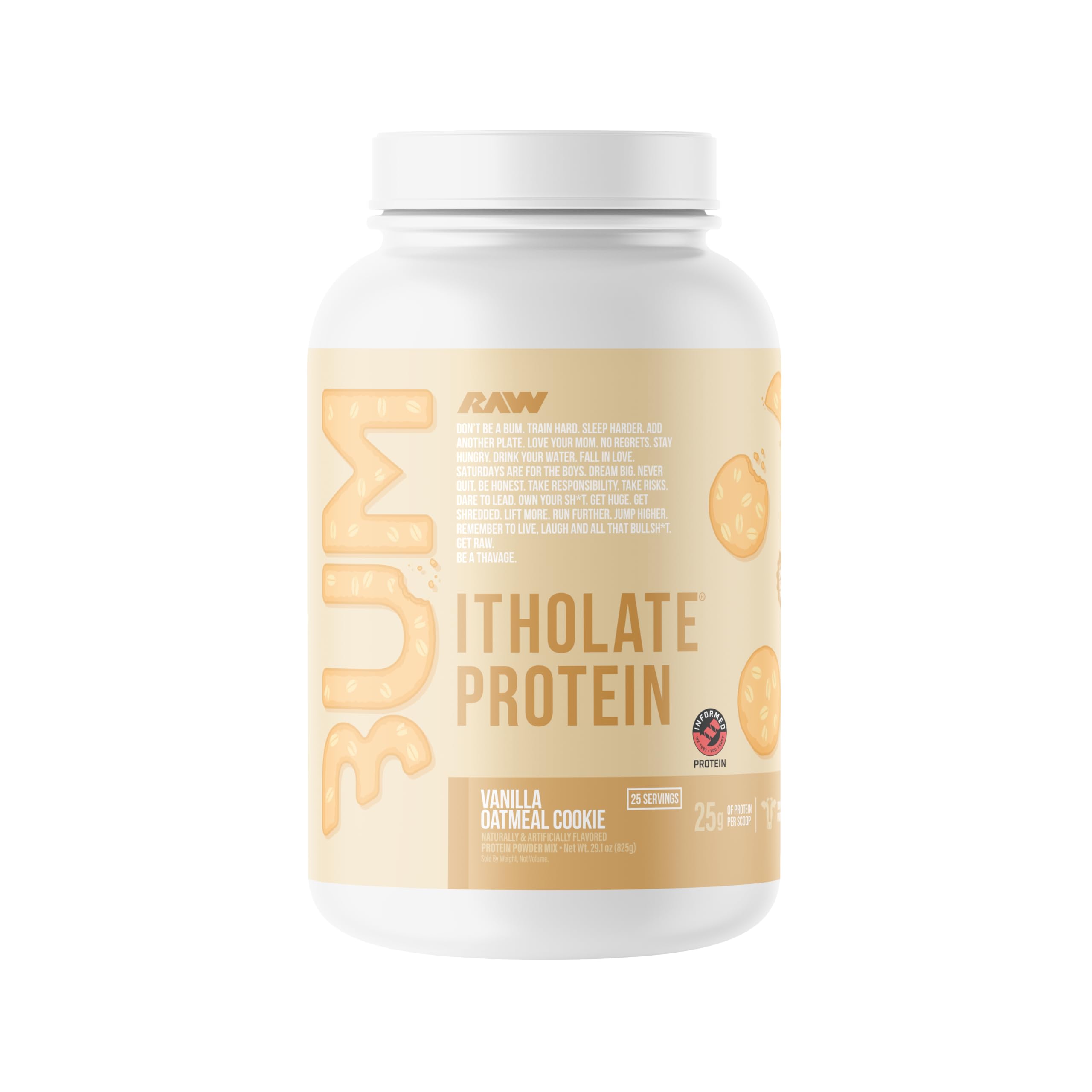 RAW front label showing Vanilla Oatmeal Cookie protein and clean benefits