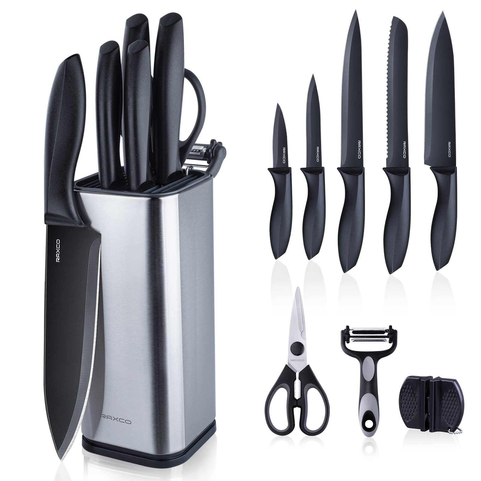 RAXCO front view of 10-piece knife set with block showing compact storage benefit