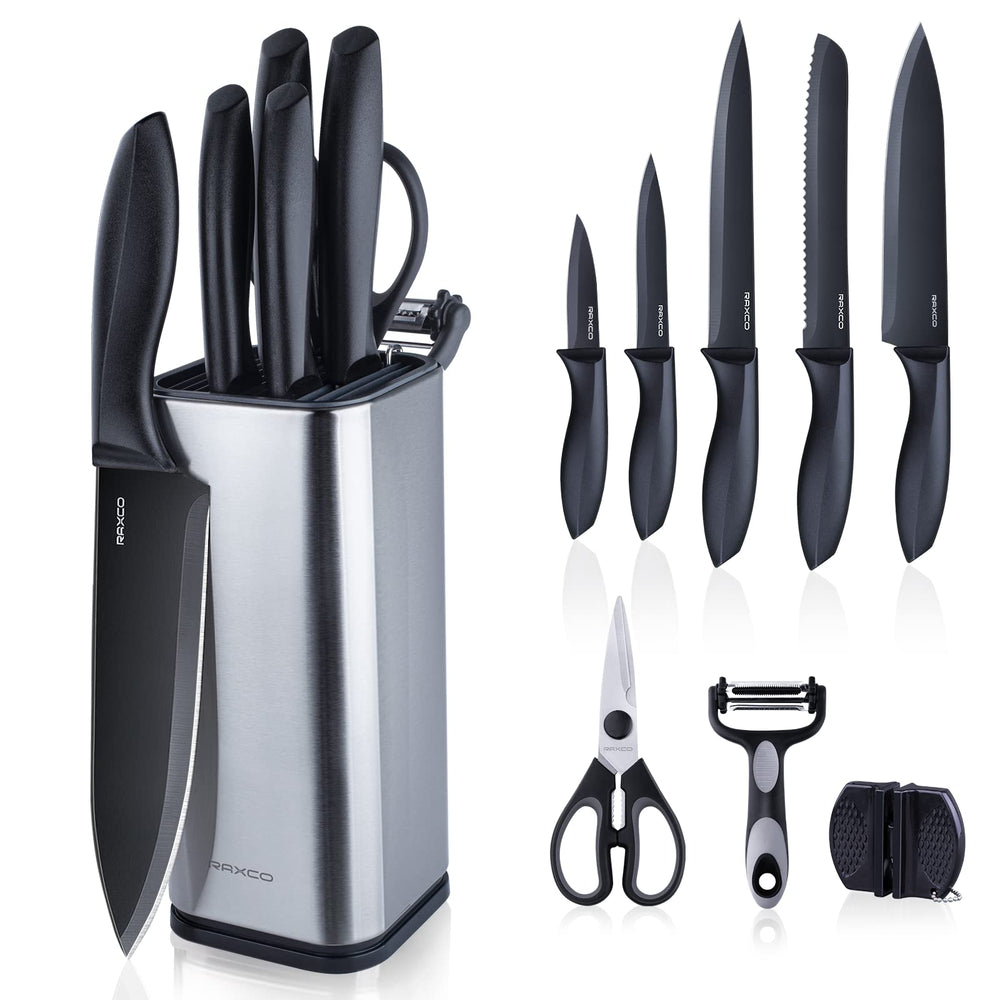 RAXCO front view of 10-piece knife set with block showing compact storage benefit