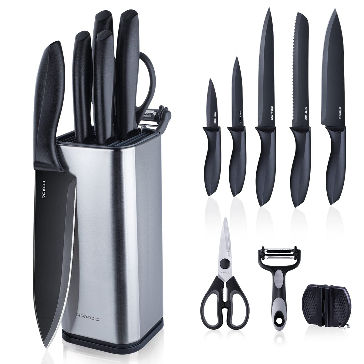 RAXCO front view of 10-piece knife set with block showing compact storage benefit