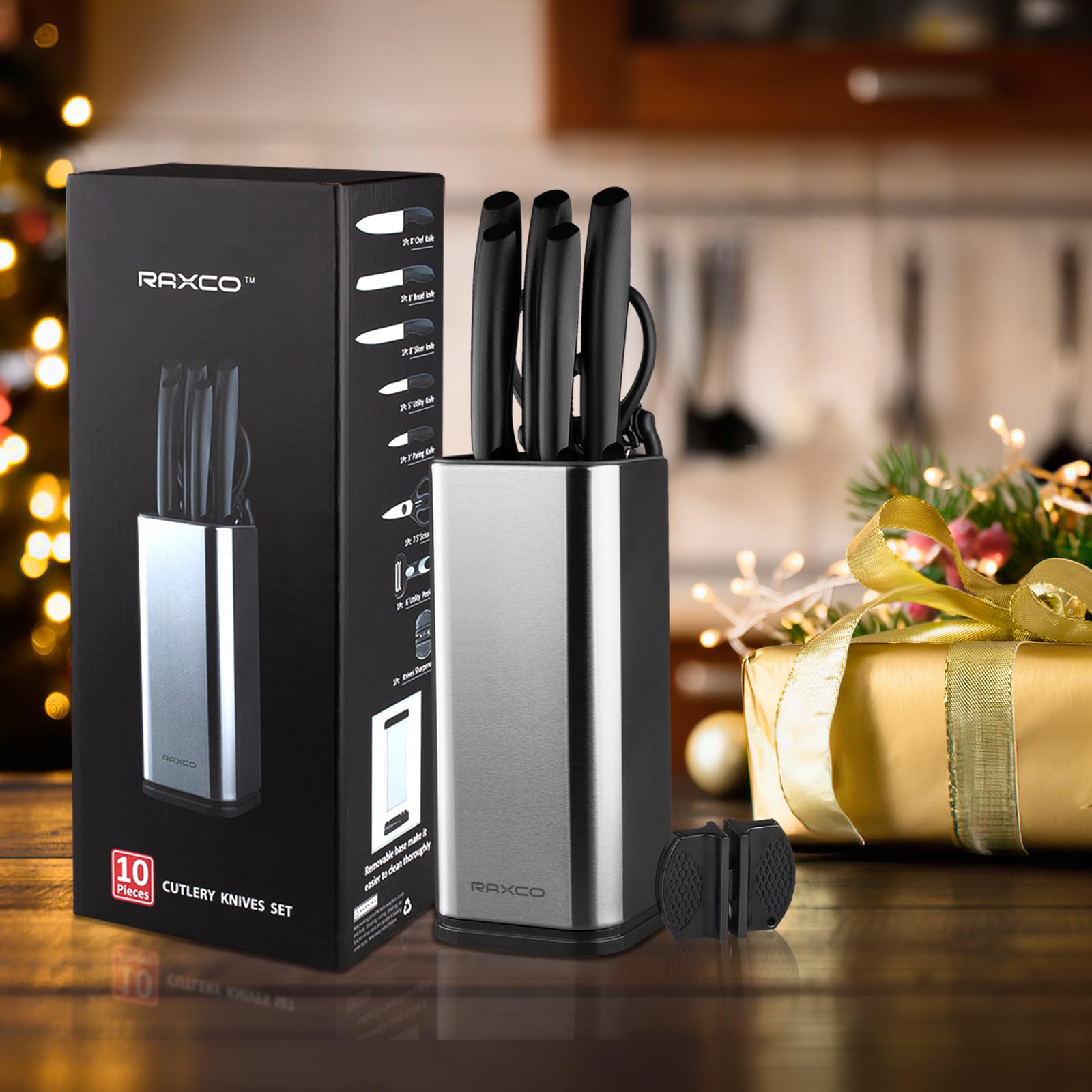 RAXCO knife set on kitchen counter styled to show modern countertop appeal