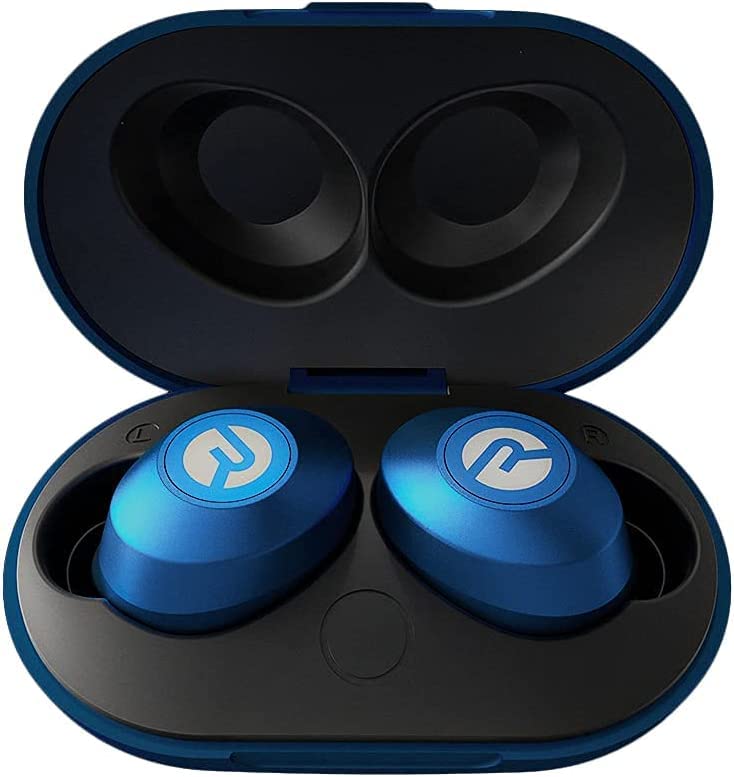 Raycon compact charging case open displaying earbuds and portability benefit
