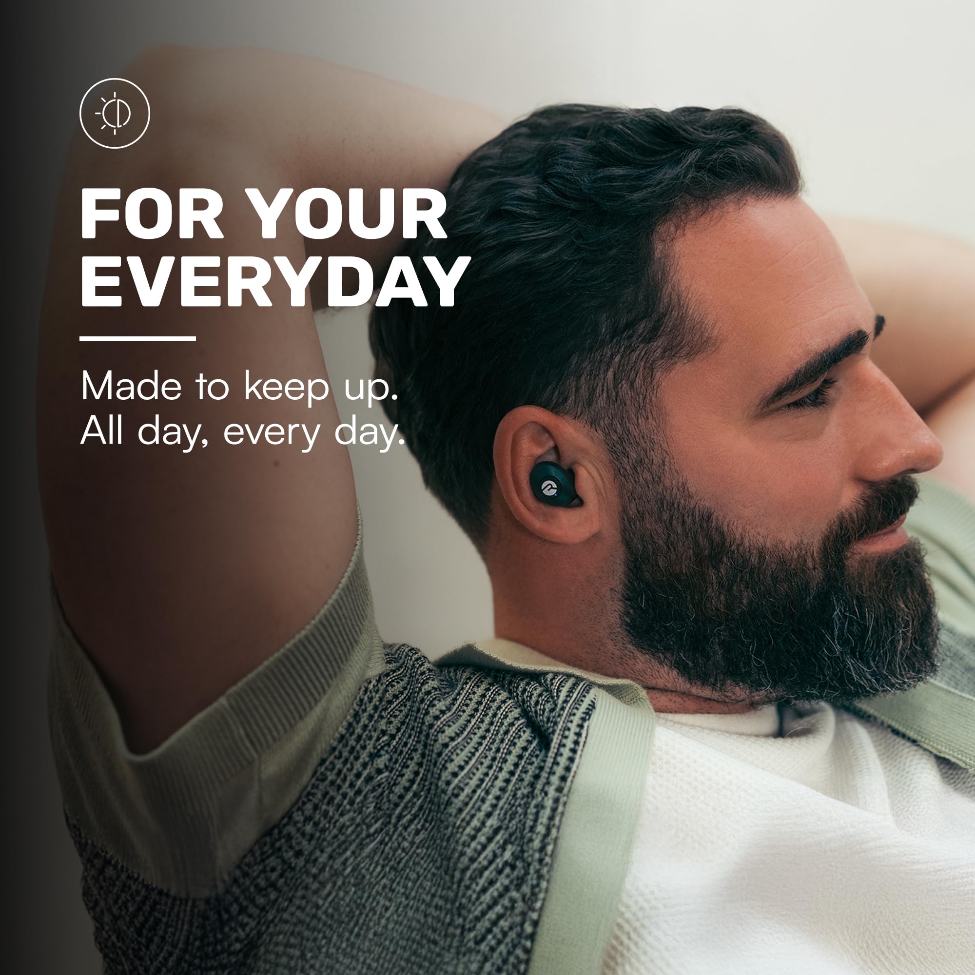 Raycon earbuds used by runner outdoors demonstrating sweat resistance and durability