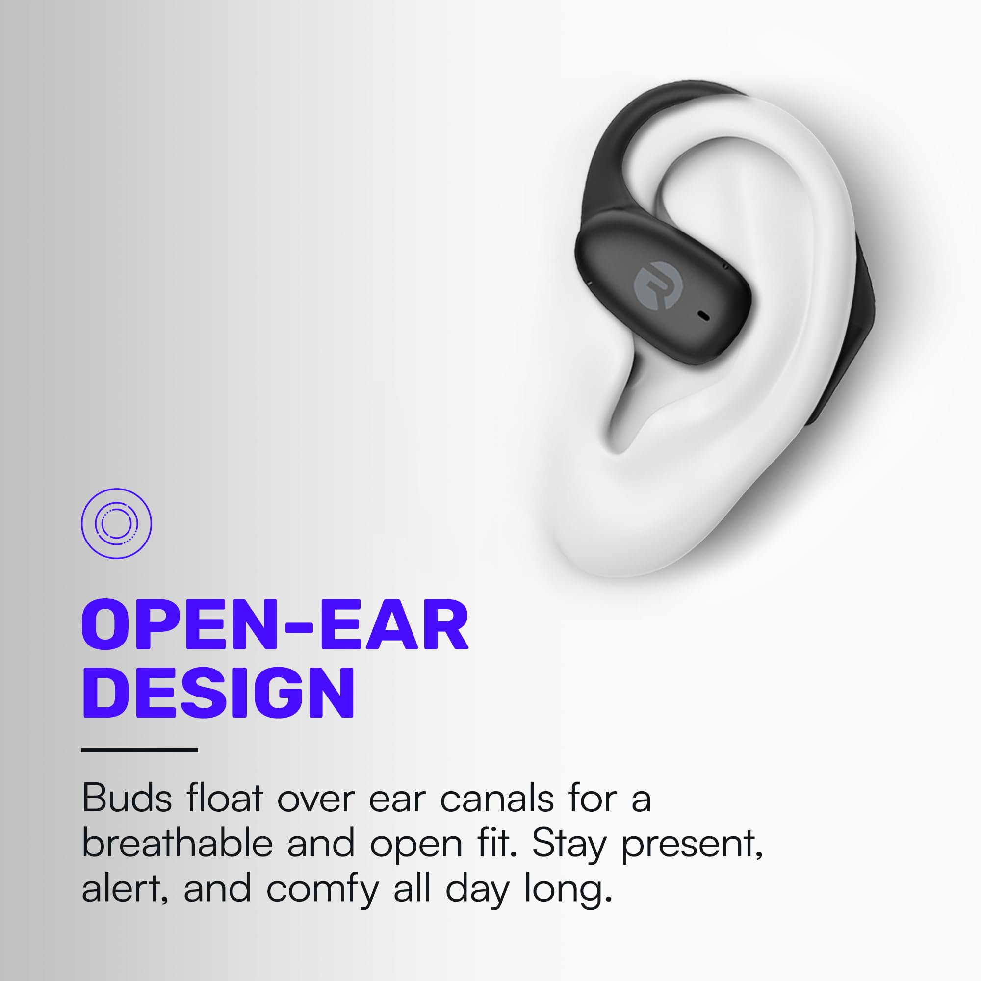 Raycon open ear charging case open with earbuds showing portability