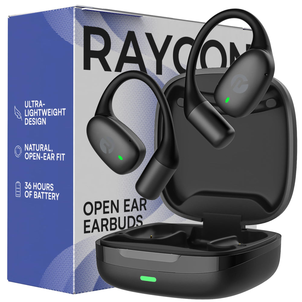 Raycon open ear earbuds front packaging showing product and benefits