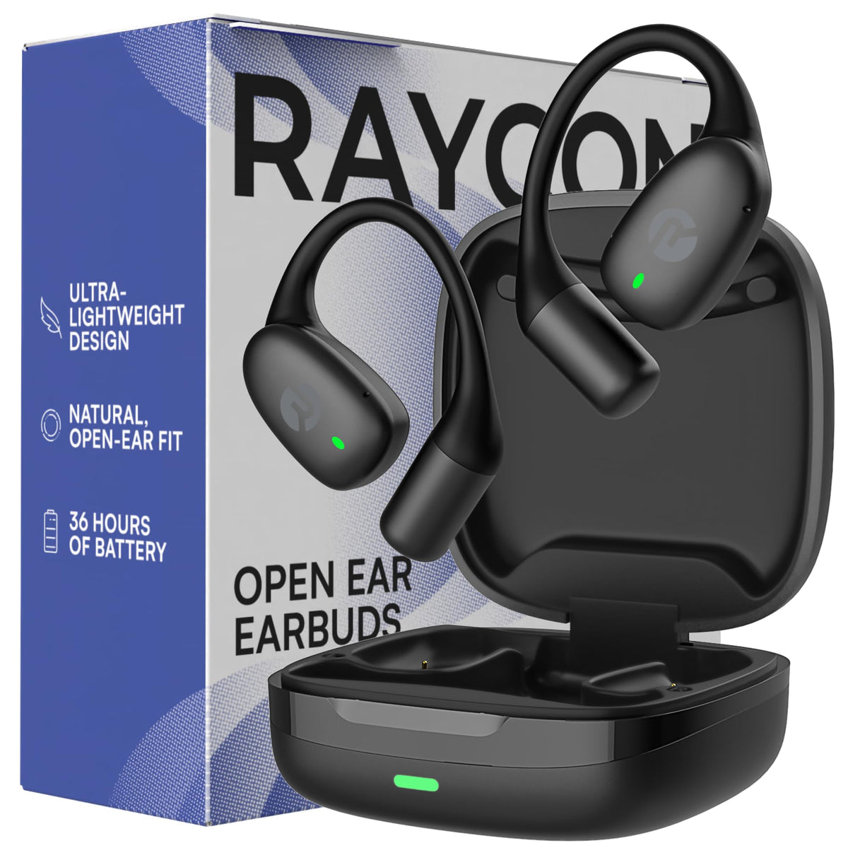 Raycon open ear earbuds front packaging showing product and benefits