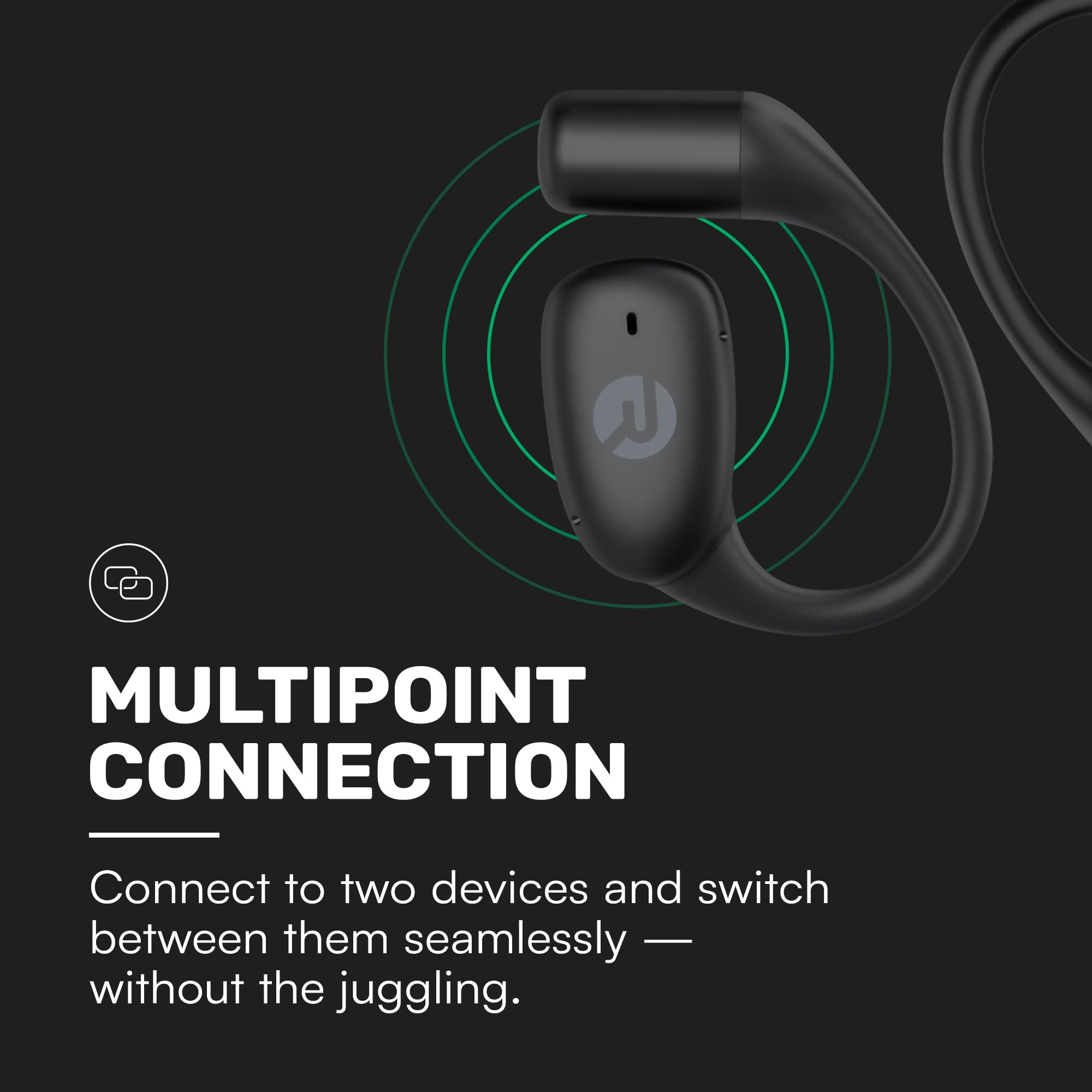 Raycon open ear earbuds label and controls demonstrating easy operation
