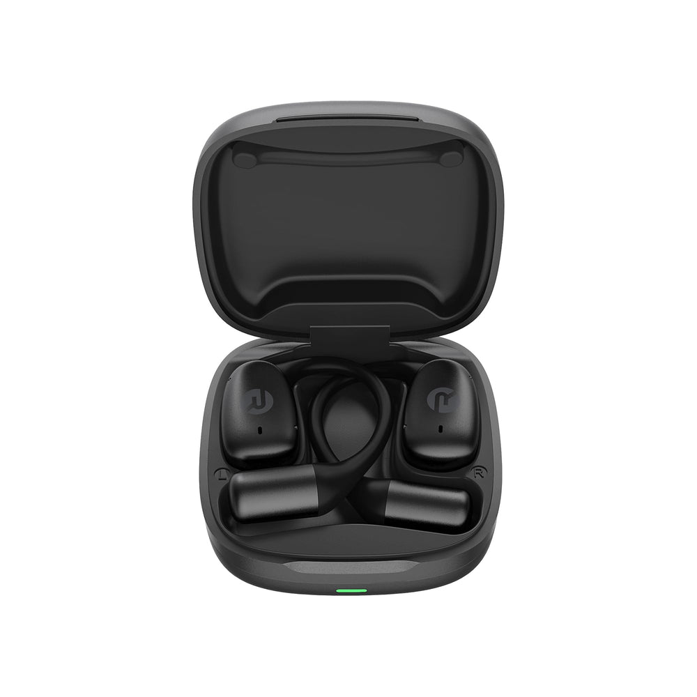 Raycon open ear earbuds side profile on ear for secure comfort