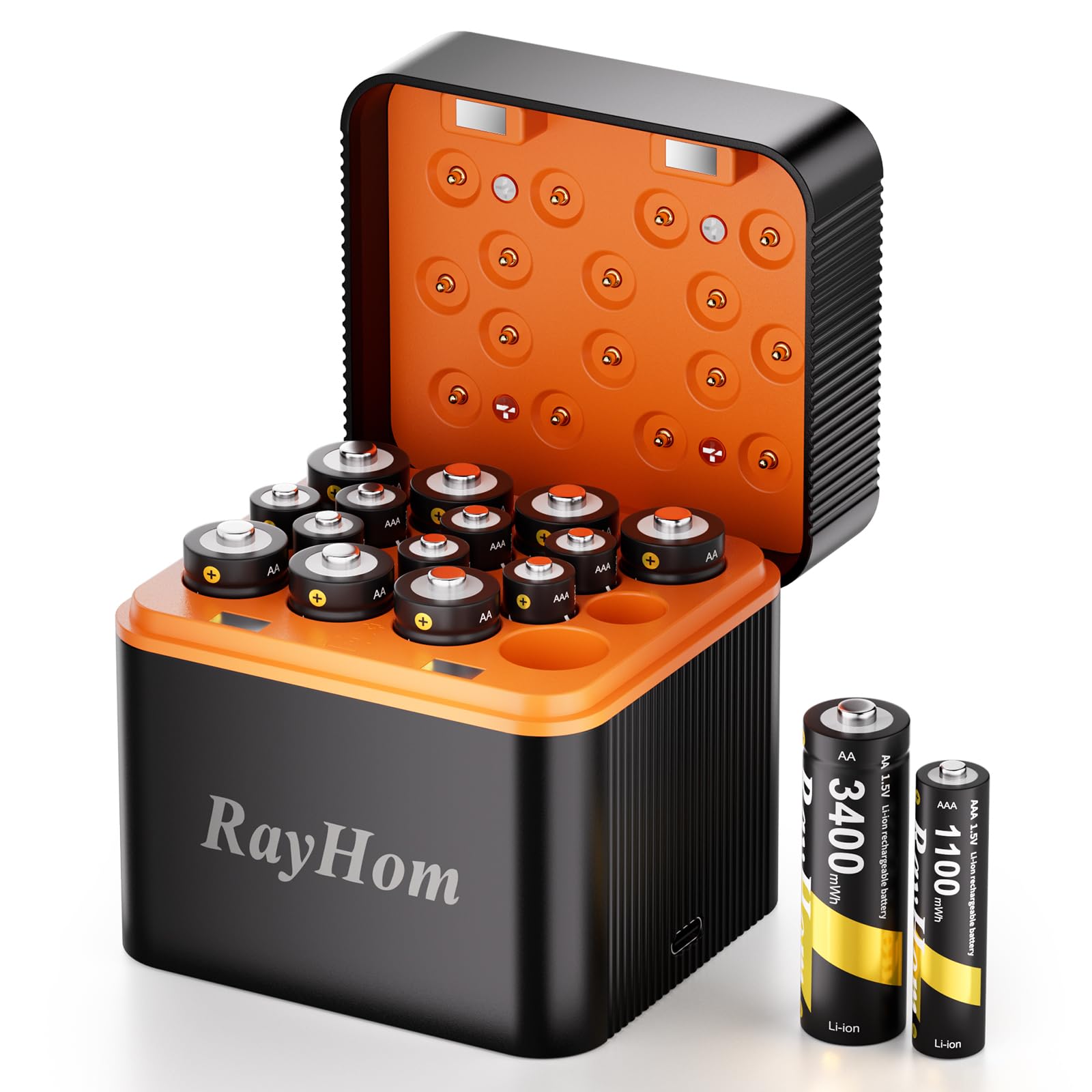 RayHom front view of charger and batteries showing organized storage and convenience
